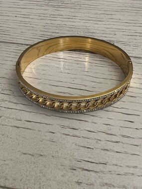 Gold-Tone Chain Accent Women's Bangle Bracelet with Pave/CZ Stones